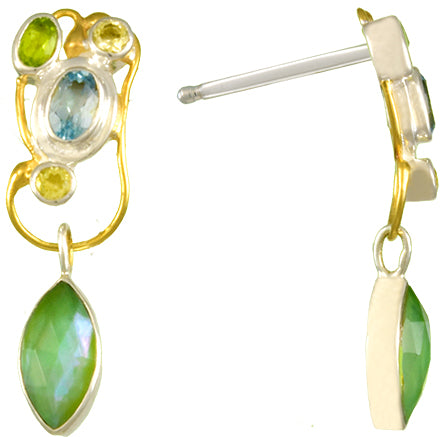 Sterling Silver and 22K Gold Vermeil Earring with Sky Blue Topaz, Peridot, Lemon Quartz and Mother of Pearl + Jade + checkerboard cut crystal quartz