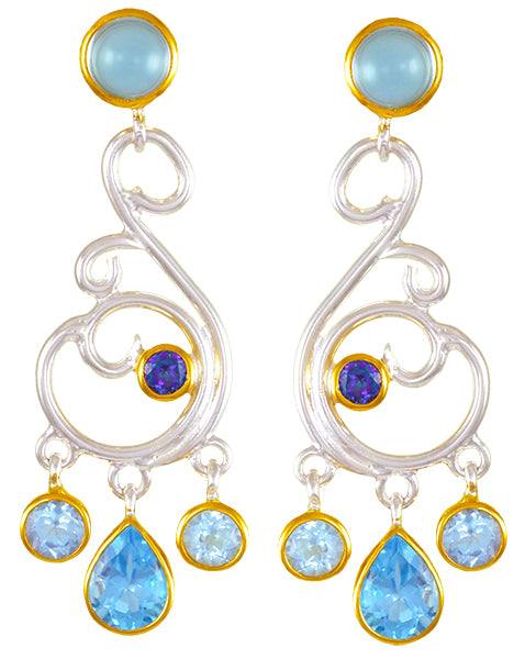 Sterling Silver and 22K Gold Vermeil Earring with Sky Blue Topaz, Trendy Solo Topaz and Baby Blue Topaz