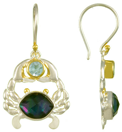Sterling Silver and 22K Gold Vermeil Earring with Sky Blue Topaz and Mother of Pearl + onyx + checkerboard cut crystal quartz