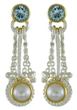 Sterling Silver and 22K Gold Vermeil Earring with Sky Blue Topaz and White Freshwater Pearl