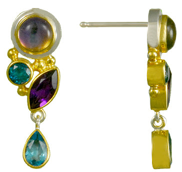 Sterling Silver and 22K Gold Vermeil Earring with Teal Topaz, African Amethyst, Baby Blue Topaz and Mystic Fire Quartz