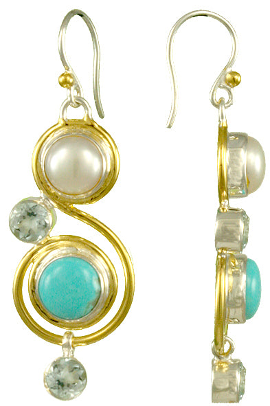 Sterling Silver and 22K Gold Vermeil Earring with Turquoise, Sky Blue Topaz, White Pearl and Amethyst