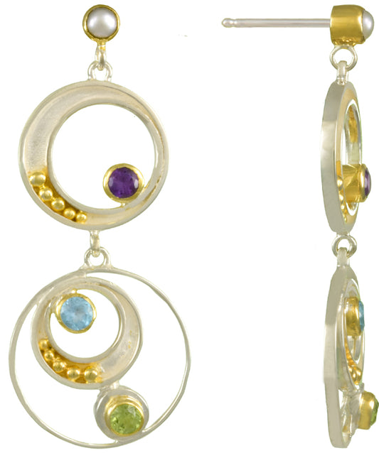Sterling Silver and 22K Gold Vermeil Earring with White Freshwater Pearl, African Amethyst, Baby Blue Topaz and Peridot
