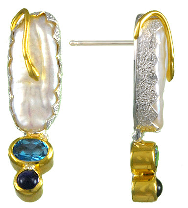 Sterling Silver and 22K Gold Vermeil Earring with White Freshwater Pearl, Baby Blue Topaz and Iolite