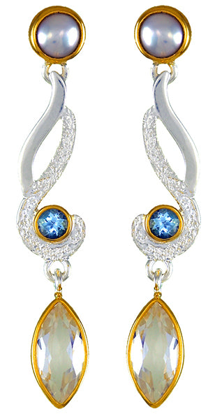 Sterling Silver and 22K Gold Vermeil Earring with White Freshwater Pearl, White Quartz and Sky Blue Topaz