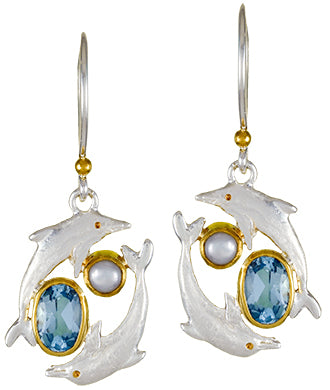 Sterling Silver and 22K Gold Vermeil Earring with White Freshwater Pearl and Sky Blue Topaz