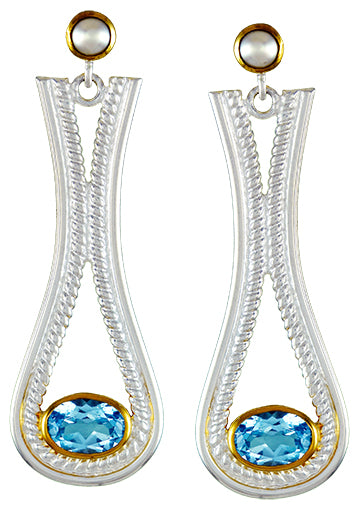 Sterling Silver and 22K Gold Vermeil Earring with White Freshwater Pearl and Sky Blue Topaz