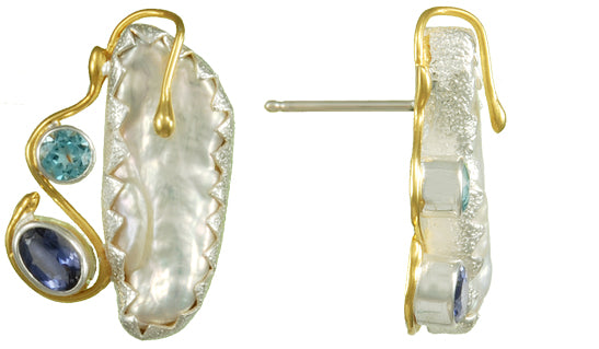 Sterling Silver and 22K Gold Vermeil Earring with White Pearl, Iolite and Baby Blue Topaz