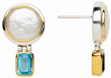 Sterling Silver and 22K Gold Vermeil Earring with White Pearl and Baby Blue Topaz