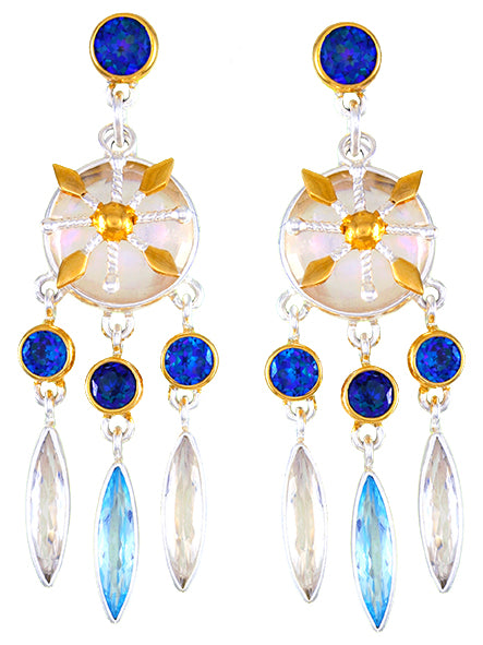 Sterling Silver and 22K Gold Vermeil Earring with White Quartz, Quartz + Mother of Pearl, Sky Blue Topaz and Trendy Solo Topaz