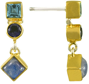 Sterling Silver and 22K Gold Vermeil Earring with painted Rainbow Moonstone, Iolite and Baby Blue Topaz