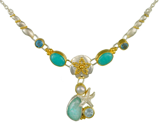 Sterling Silver and 22K Gold Vermeil Necklace with Amazonite + Mother of Pearl + white quartz, White Freshwater Pearl, Amazonite, Baby Blue Topaz and Sky Blue Topaz