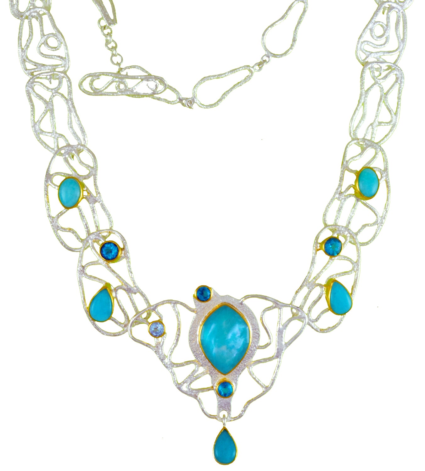 Sterling Silver and 22K Gold Vermeil Necklace with Amazonite + checkerboard cut crystal quartz+ Mother of Pearl, Amazonite, Paraiba Topaz and Sky Blue Topaz