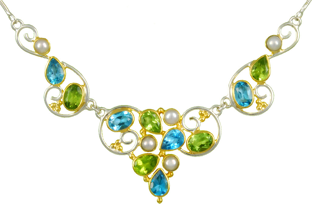 Sterling Silver and 22K Gold Vermeil Necklace with Baby Blue Topaz, Peridot and White Freshwater Pearl