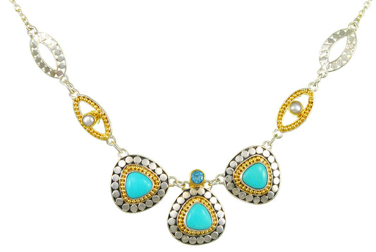 Sterling Silver and 22K Gold Vermeil Necklace with Baby Blue Topaz, White Freshwater Pearl and Turquoise
