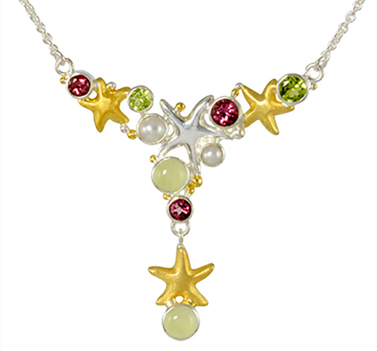 Sterling Silver and 22K Gold Vermeil Necklace with Imperial Pink Topaz, Peridot, White Freshwater Pearl and Prehnite