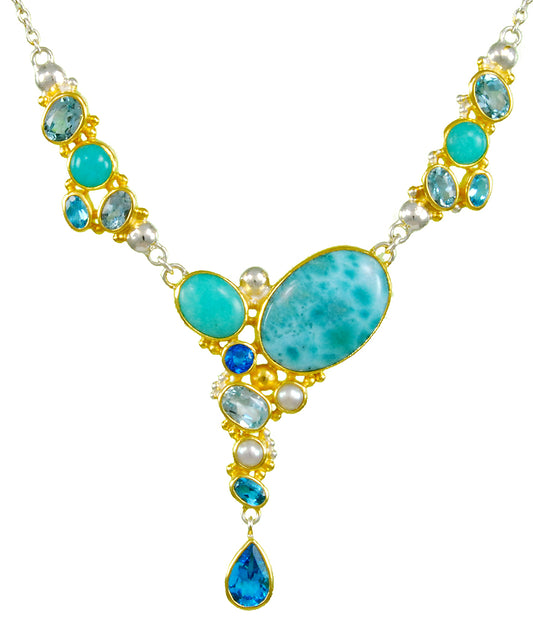 Sterling Silver and 22K Gold Vermeil Necklace with Larimar, Sky Blue Topaz, Teal Topaz, White Freshwater Pearl and Baby Blue Topaz