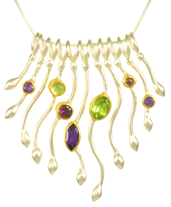 Sterling Silver and 22K Gold Vermeil Necklace with Peridot, African Amethyst and Rhodolite Garnet