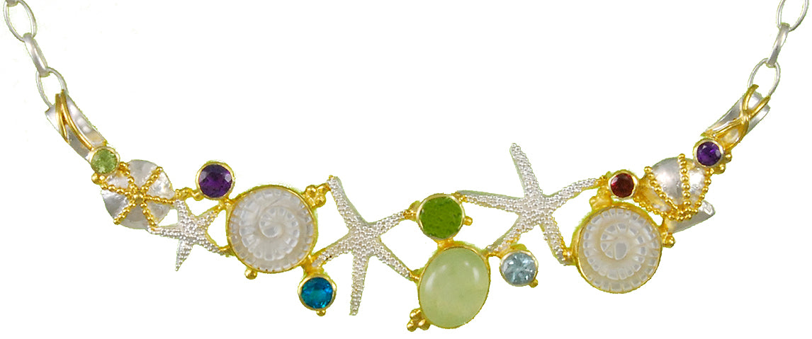 Sterling Silver and 22K Gold Vermeil Necklace with Prehnite, Sky Blue Topaz, Peridot, Rhodolite Garnet, African Amethyst, Mother of Pearl and Teal Topaz