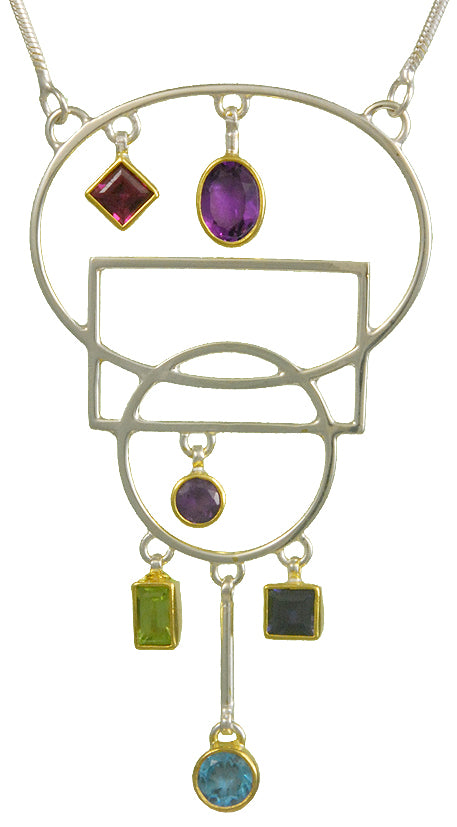 Sterling Silver and 22K Gold Vermeil Necklace with Rhodolite Garnet, African Amethyst, Peridot, Iolite and Baby Blue Topaz