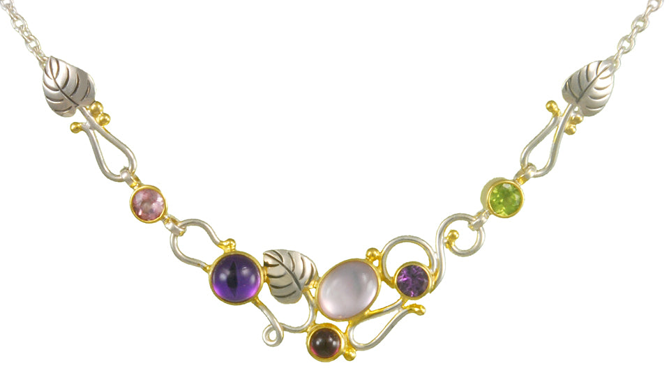 Sterling Silver and 22K Gold Vermeil Necklace with Rose De France + Mother of Pearl, Rhodolite Garnet, Mystic Fire Quartz, Imperial Pink Topaz, African Amethyst and Peridot