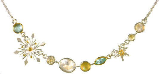 Sterling Silver and 22K Gold Vermeil Necklace with Sky Blue Topaz, White Topaz, Ice Quartz and Quartz + Mother of Pearl