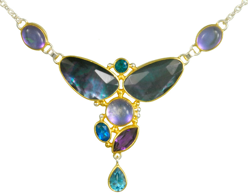 Sterling Silver and 22K Gold Vermeil Necklace with Teal Topaz, African Amethyst, Baby Blue Topaz, Mystic Fire Quartz and Mother of Pearl + onyx + white quartz