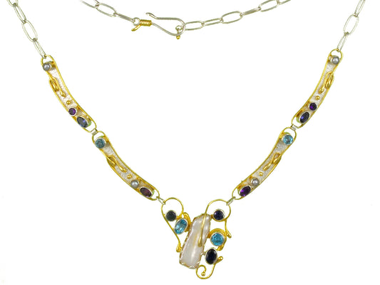 Sterling Silver and 22K Gold Vermeil Necklace with White Freshwater Pearl, Iolite, Baby Blue Topaz and African Amethyst