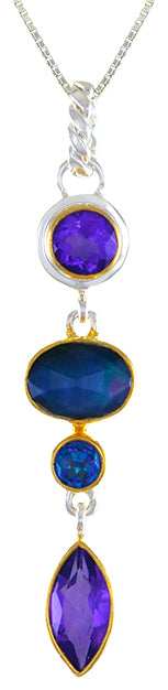 Sterling Silver and 22K Gold Vermeil Pendant with African Amethyst, Mother of Pearl + onyx + checkerboard cut crystal quartz and Trendy Solo Topaz