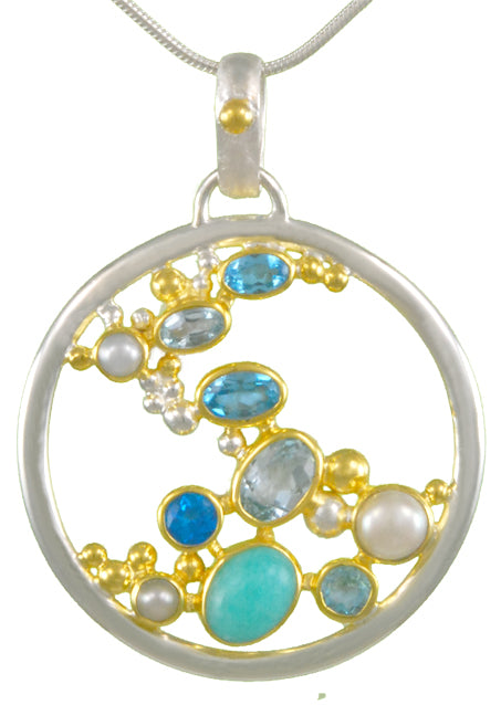 Sterling Silver and 22K Gold Vermeil Pendant with Amazonite, Baby Blue Topaz, White Freshwater Pearl, Sky Blue Topaz and Paraiba Topaz