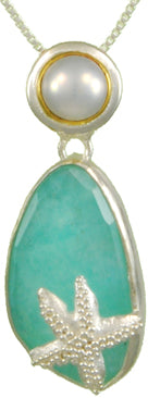 Sterling Silver and 22K Gold Vermeil Pendant with Amazonite + Mother of Pearl + white quartz and White Freshwater Pearl