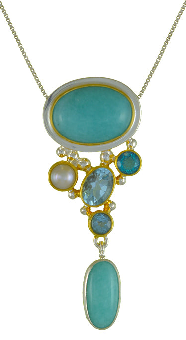 Sterling Silver and 22K Gold Vermeil Pendant with Amazonite, White Freshwater Pearl, Paraiba Topaz, Sky Blue Topaz and Baby Blue Topaz