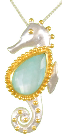 Sterling Silver and 22K Gold Vermeil Pendant with Amazonite + checkerboard cut crystal quartz+ Mother of Pearl