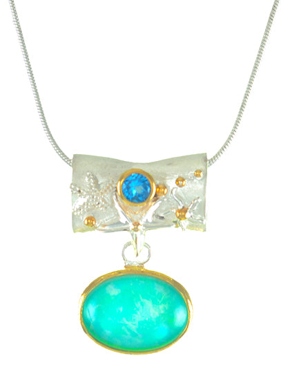 Sterling Silver and 22K Gold Vermeil Pendant with Amazonite + checkerboard cut crystal quartz+ Mother of Pearl and Baby Blue Topaz
