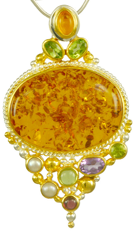 Sterling Silver and 22K Gold Vermeil Pendant with Amber, Peridot, White Freshwater Pearl, Rhodolite Garnet and African Amethyst