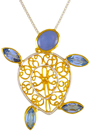 Sterling Silver and 22K Gold Vermeil Pendant with Aquamarine and Sky Blue Topaz