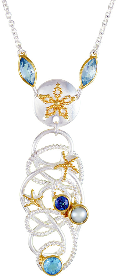 Sterling Silver and 22K Gold Vermeil Pendant with Baby Blue Topaz, White Freshwater Pearl, Sky Blue Topaz and Trendy Solo Topaz