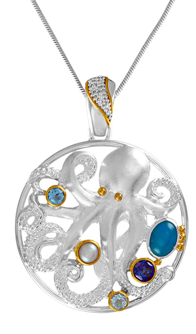 Sterling Silver and 22K Gold Vermeil Pendant with Baby Blue Topaz, White Freshwater Pearl, Sky Blue Topaz and Trendy Solo Topaz