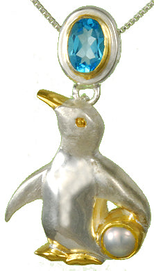 Sterling Silver and 22K Gold Vermeil Pendant with Baby Blue Topaz and White Freshwater Pearl