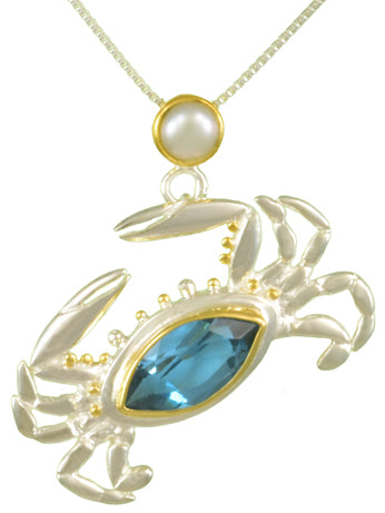 Sterling Silver and 22K Gold Vermeil Pendant with Baby Blue Topaz and White Freshwater Pearl