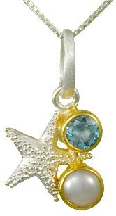 Sterling Silver and 22K Gold Vermeil Pendant with Baby Blue Topaz and White Freshwater Pearl