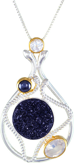 Sterling Silver and 22K Gold Vermeil Pendant with Black Druzy, Hematite, Ice Quartz and White Topaz