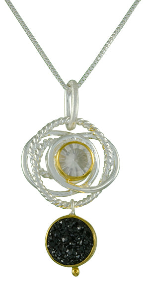 Sterling Silver and 22K Gold Vermeil Pendant with Black Druzy and Ice Quartz