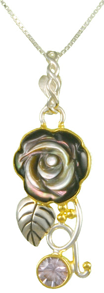 Sterling Silver and 22K Gold Vermeil Pendant with Black Mother of Pearl and Rose De France