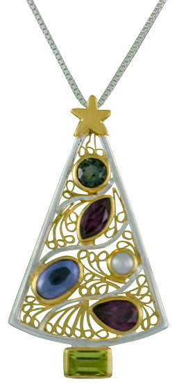 Sterling Silver and 22K Gold Vermeil Pendant with Envy Topaz, Rhodolite Garnet, Mystic Fire Quartz, White Freshwater Pearl and Peridot