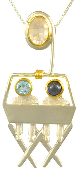 Sterling Silver and 22K Gold Vermeil Pendant with Ice Quartz, Sky Blue Topaz and Iolite
