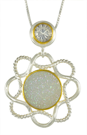Sterling Silver and 22K Gold Vermeil Pendant with Ice Quartz and Aurora Druzy