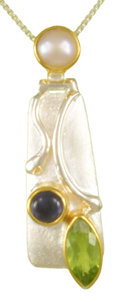 Sterling Silver and 22K Gold Vermeil Pendant with Iolite, Peridot and White Freshwater Pearl