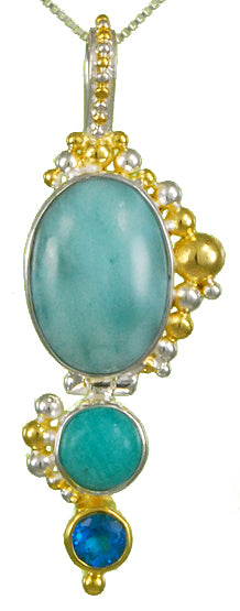 Sterling Silver and 22K Gold Vermeil Pendant with Larimar, Amazonite and Teal Topaz