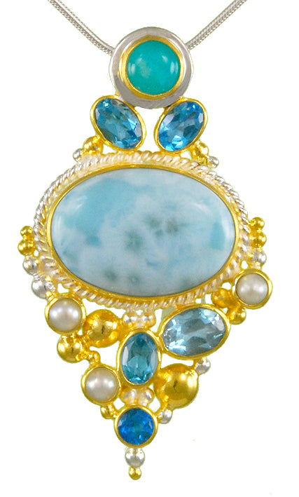 Sterling Silver and 22K Gold Vermeil Pendant with Larimar, White Freshwater Pearl, Teal Topaz, Baby Blue Topaz and Sky Blue Topaz